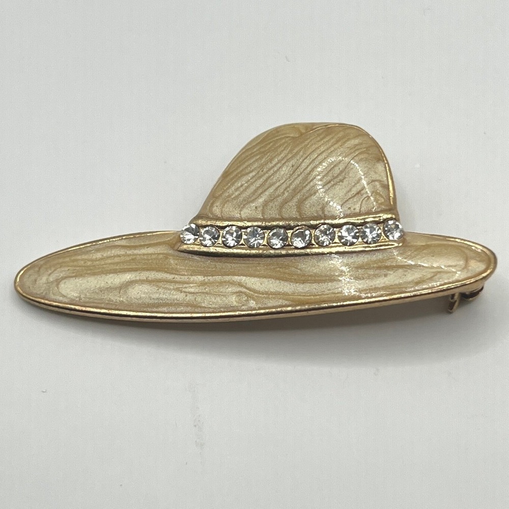 Vintage Hat Pin Tan Beige Enamel Crystal Accent‎ Rim Pin